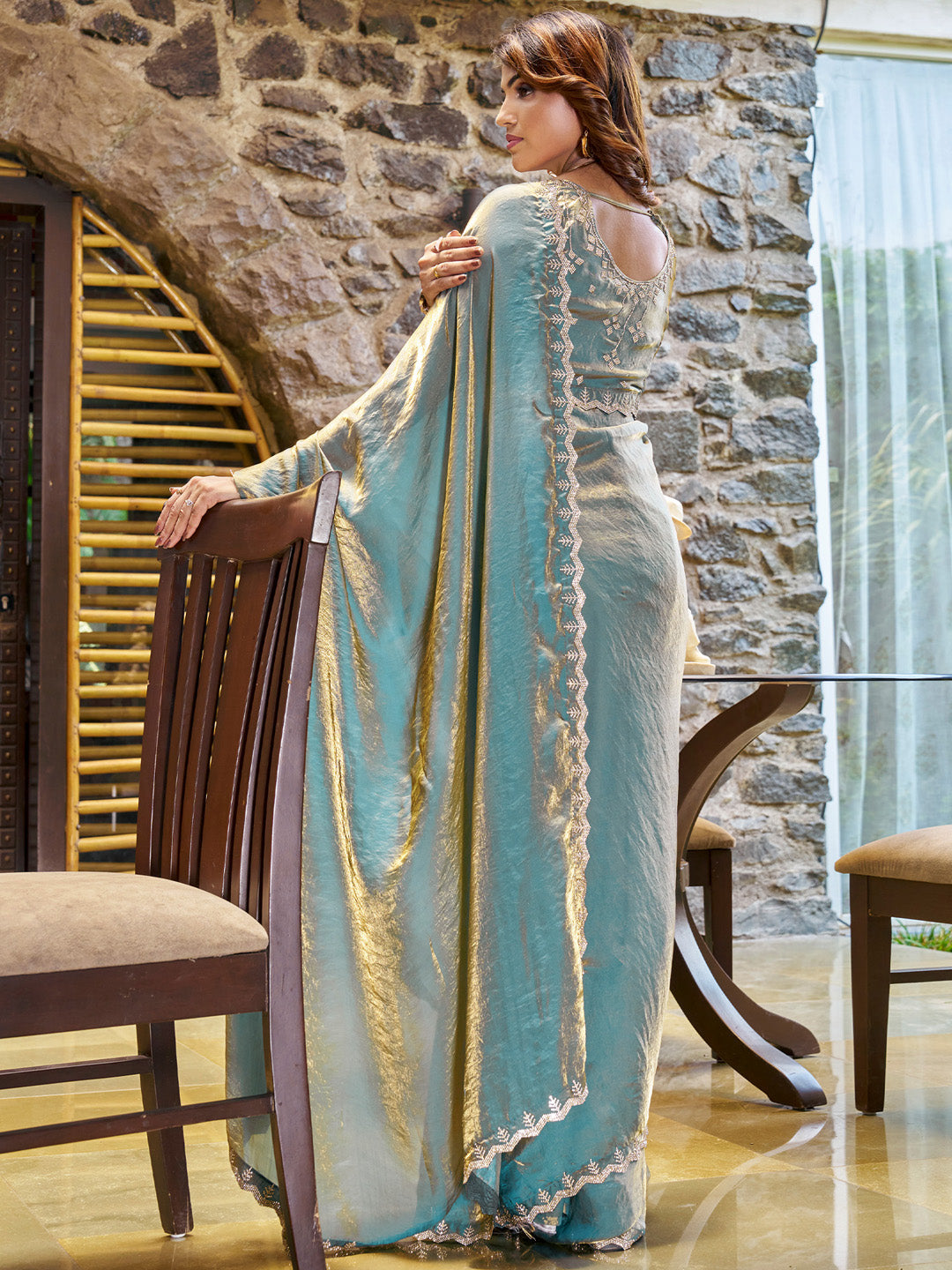 Pure Chiffon Teal blue Embellished Designer Saree With Blouse