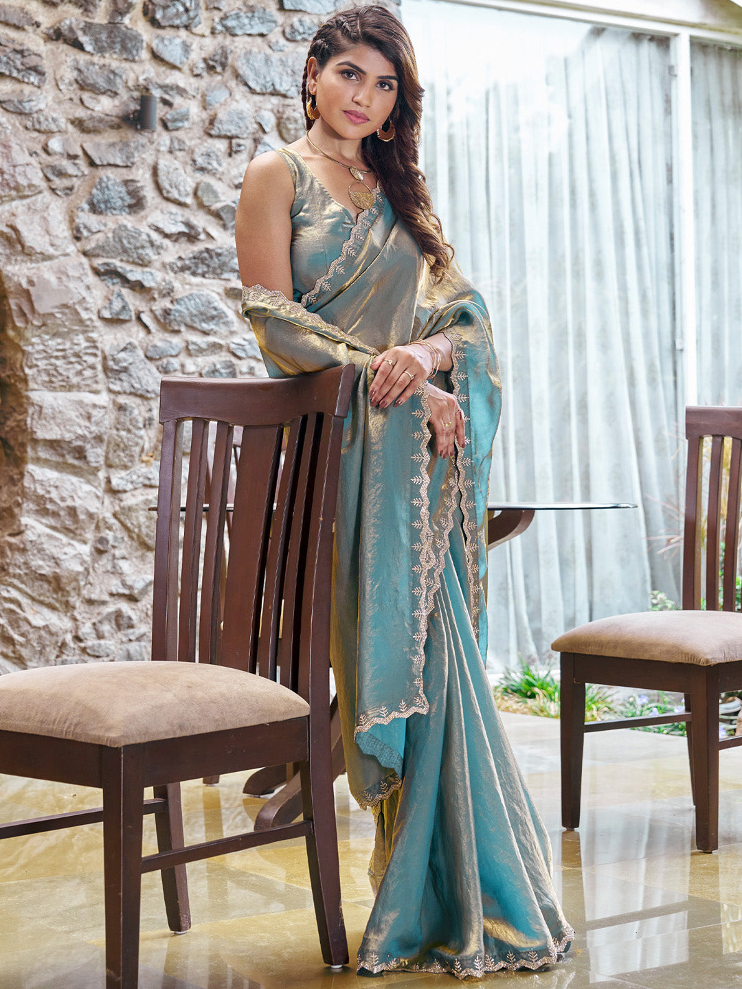 Pure Chiffon Teal blue Embellished Designer Saree With Blouse