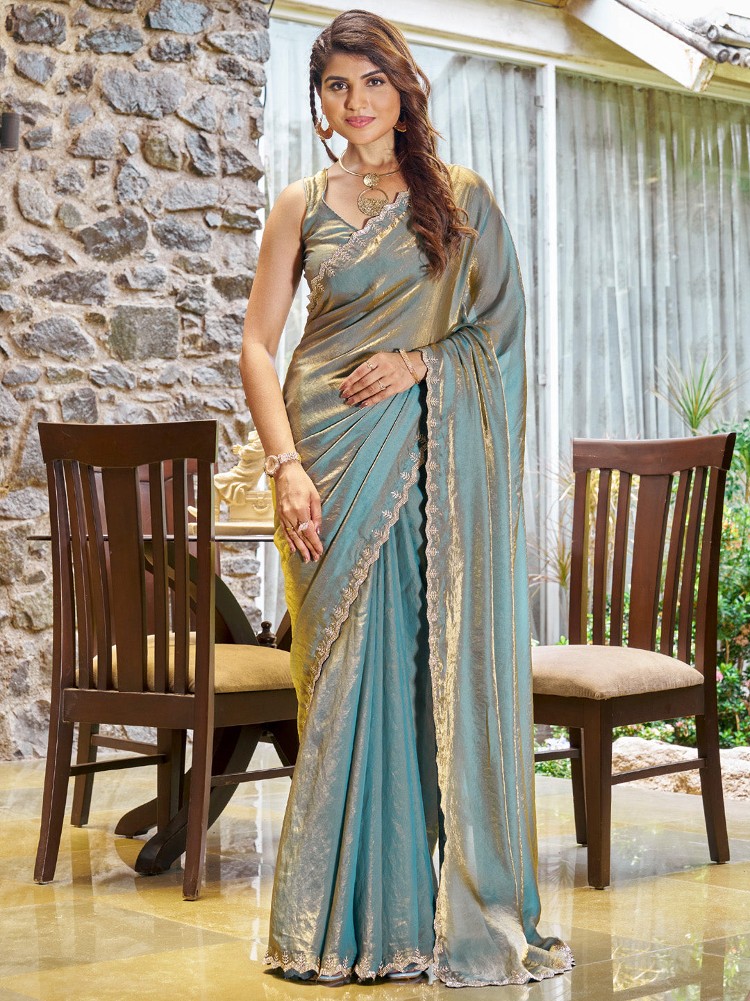 Pure Chiffon Teal blue Embellished Designer Saree With Blouse