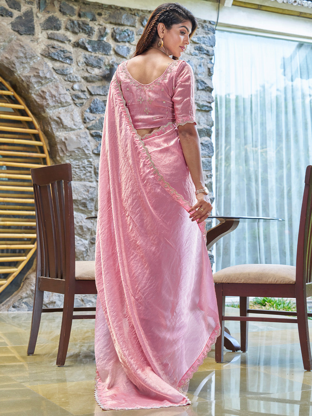 Pure Chiffon Pink Embellished Designer Saree With Blouse