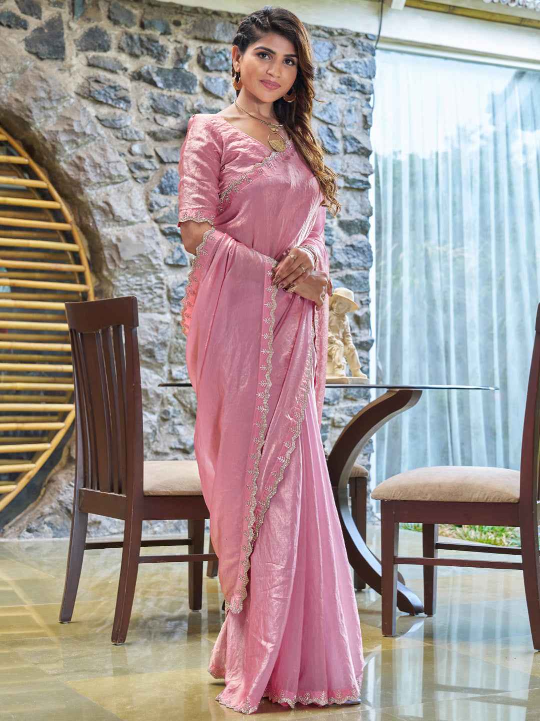 Pure Chiffon Pink Embellished Designer Saree With Blouse