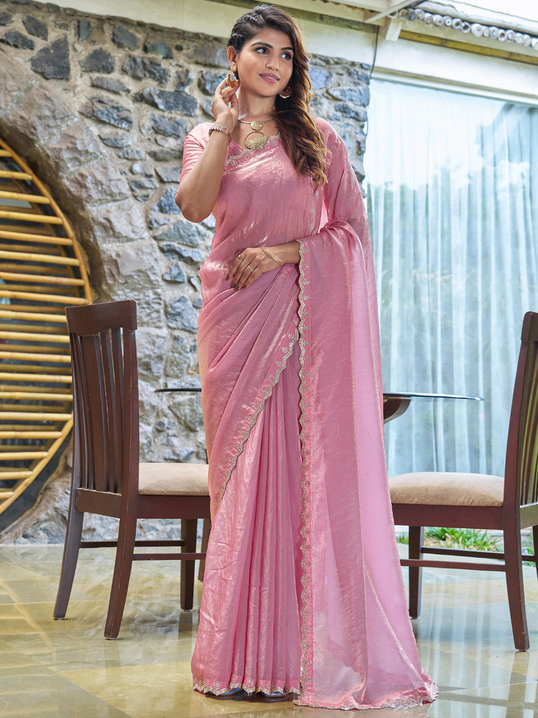 Pure Chiffon Pink Embellished Designer Saree With Blouse