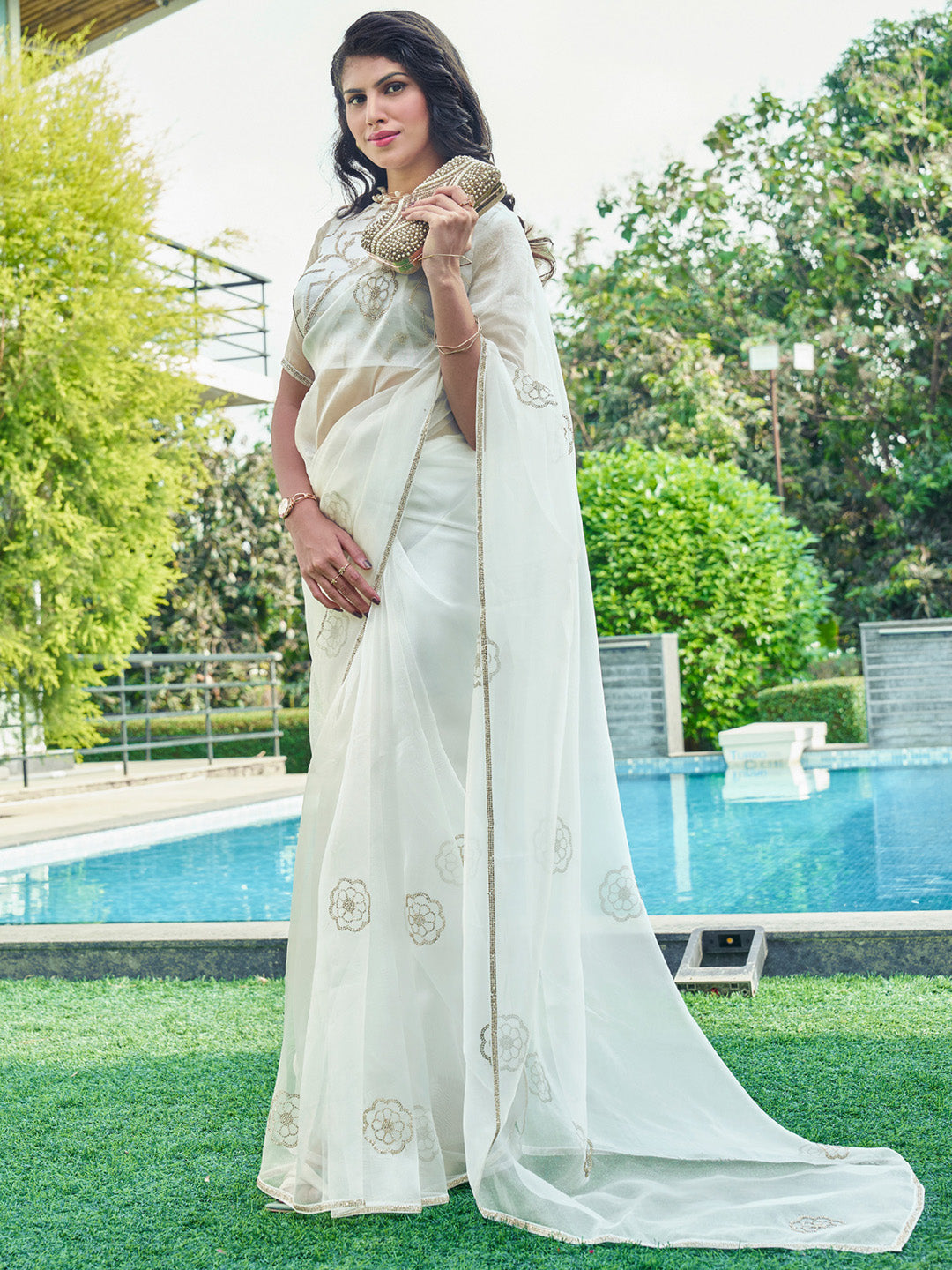 Organza Off White Embellished Designer Saree With Blouse