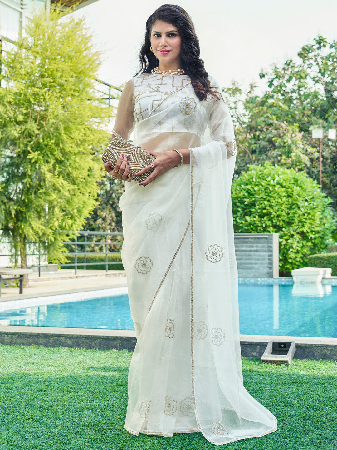 Organza Off White Embellished Designer Saree With Blouse