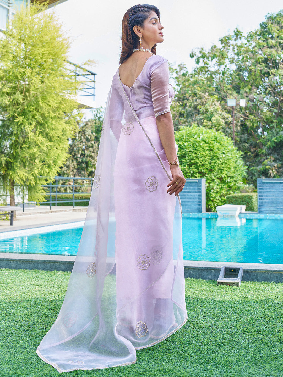 Organza Lavendar Embellished Designer Saree With Blouse