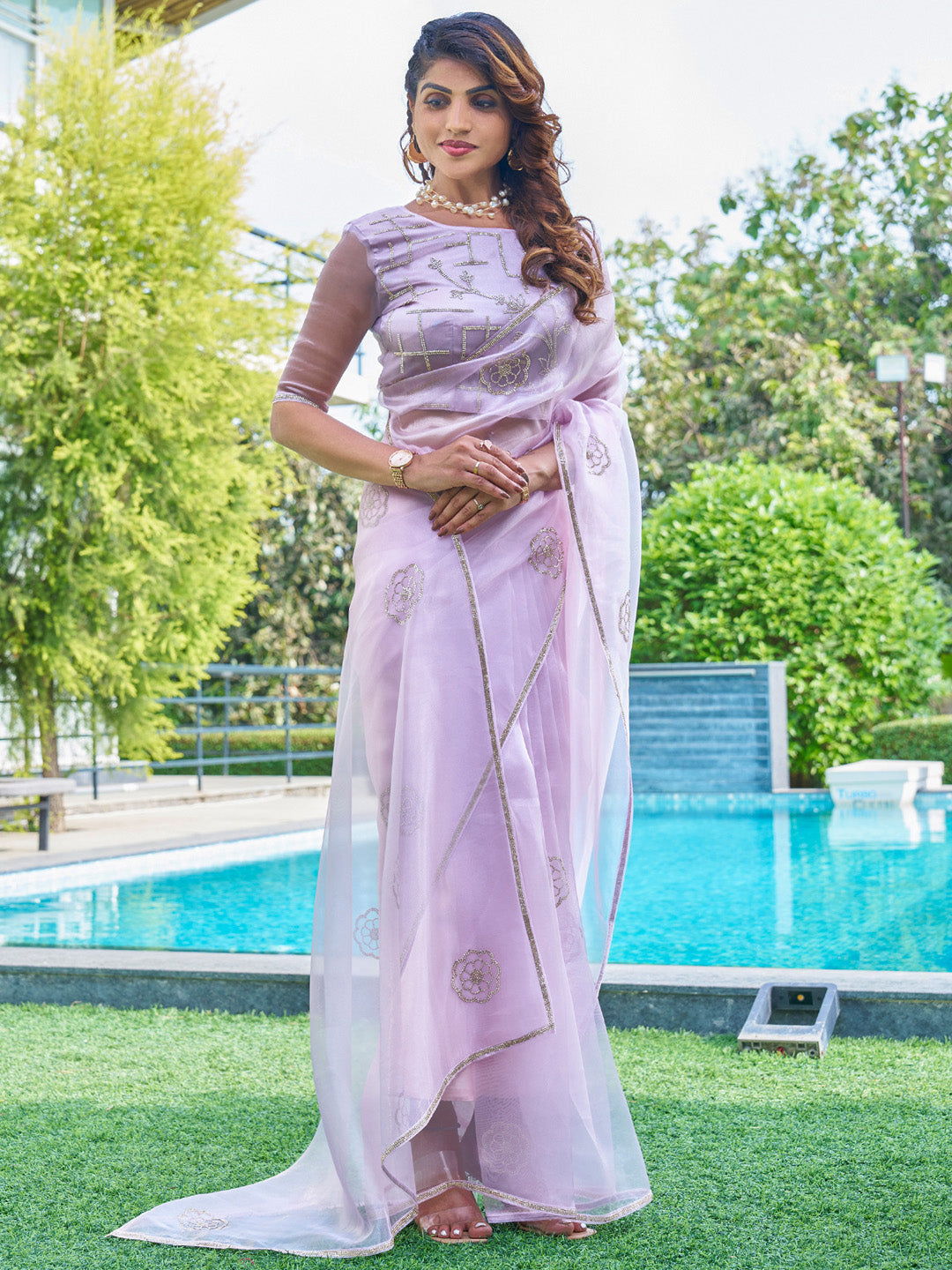 Organza Lavendar Embellished Designer Saree With Blouse