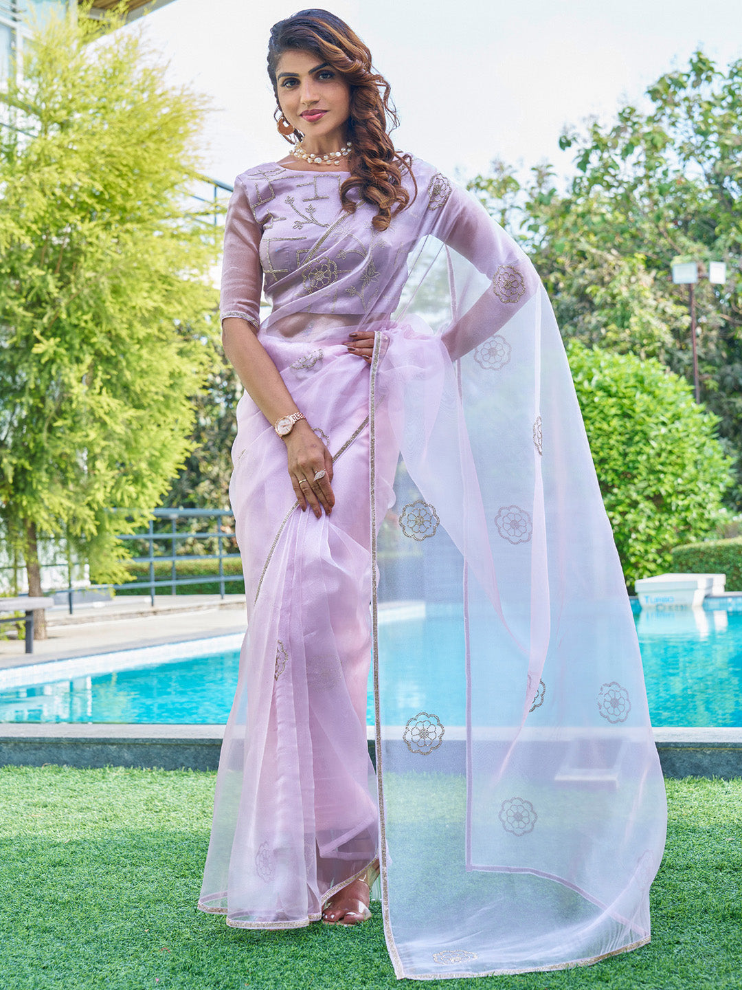 Organza Lavendar Embellished Designer Saree With Blouse