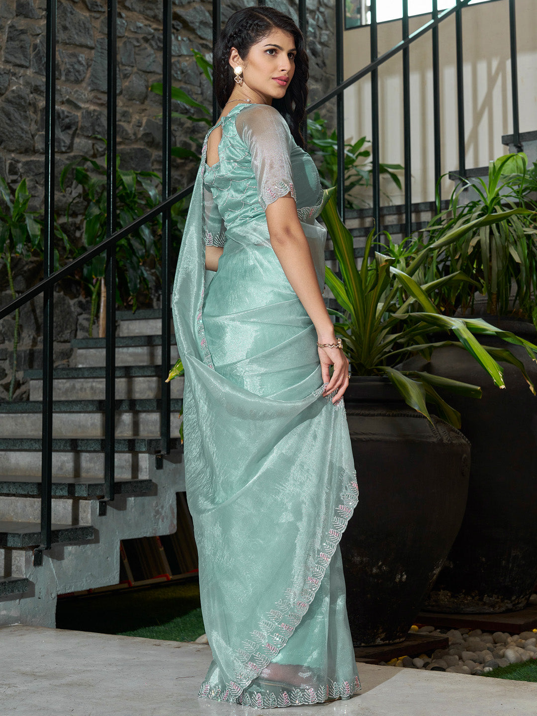 Organza Sea Green Embellished Designer Saree With Blouse