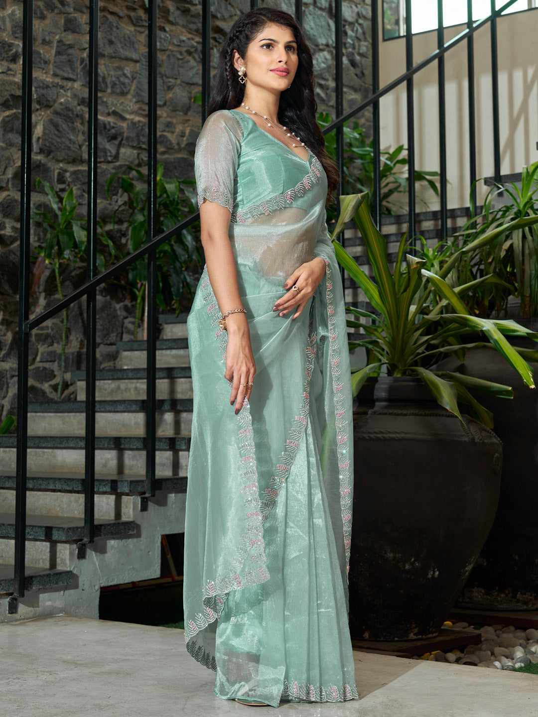 Organza Sea Green Embellished Designer Saree With Blouse