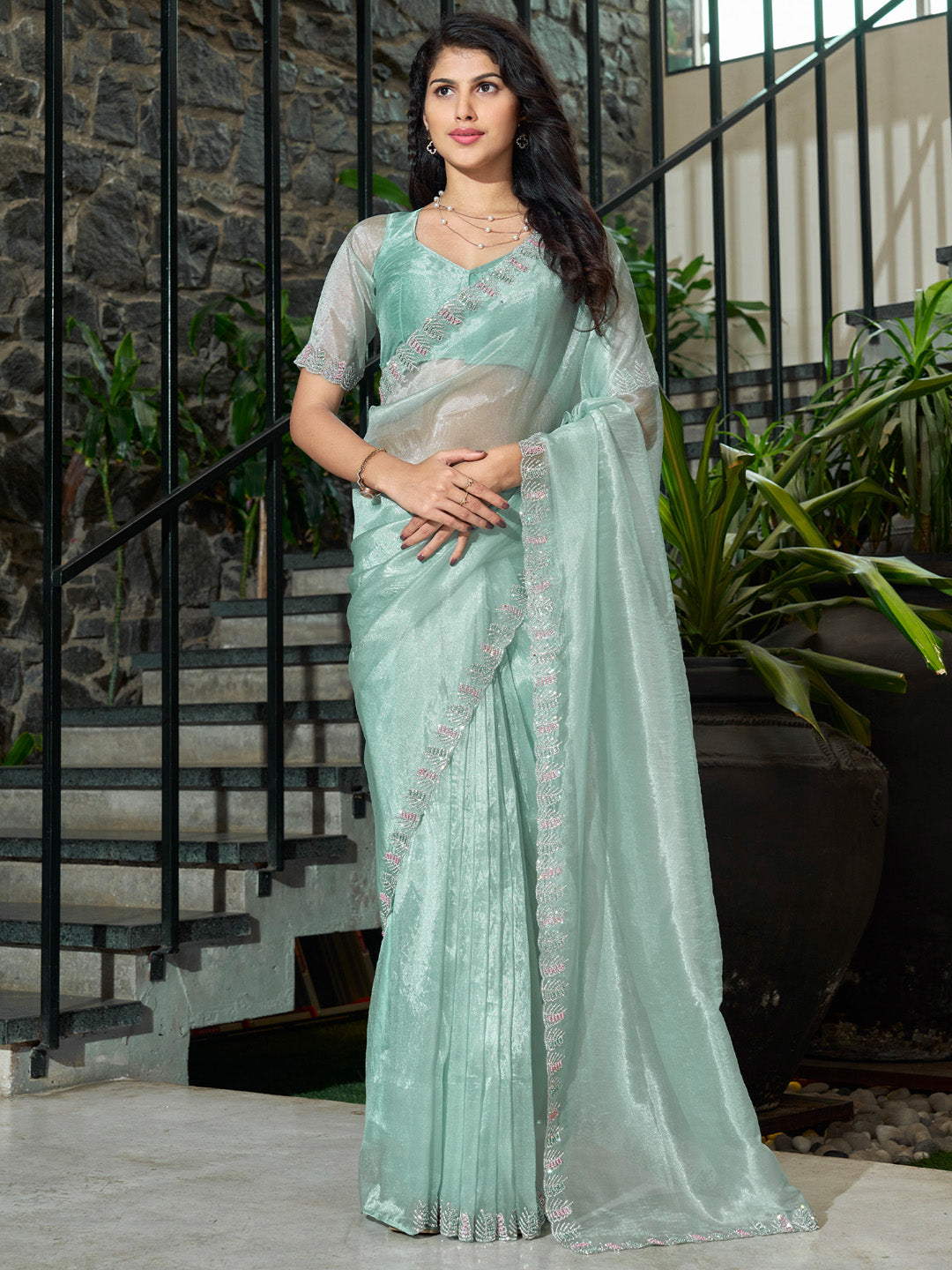 Organza Sea Green Embellished Designer Saree With Blouse