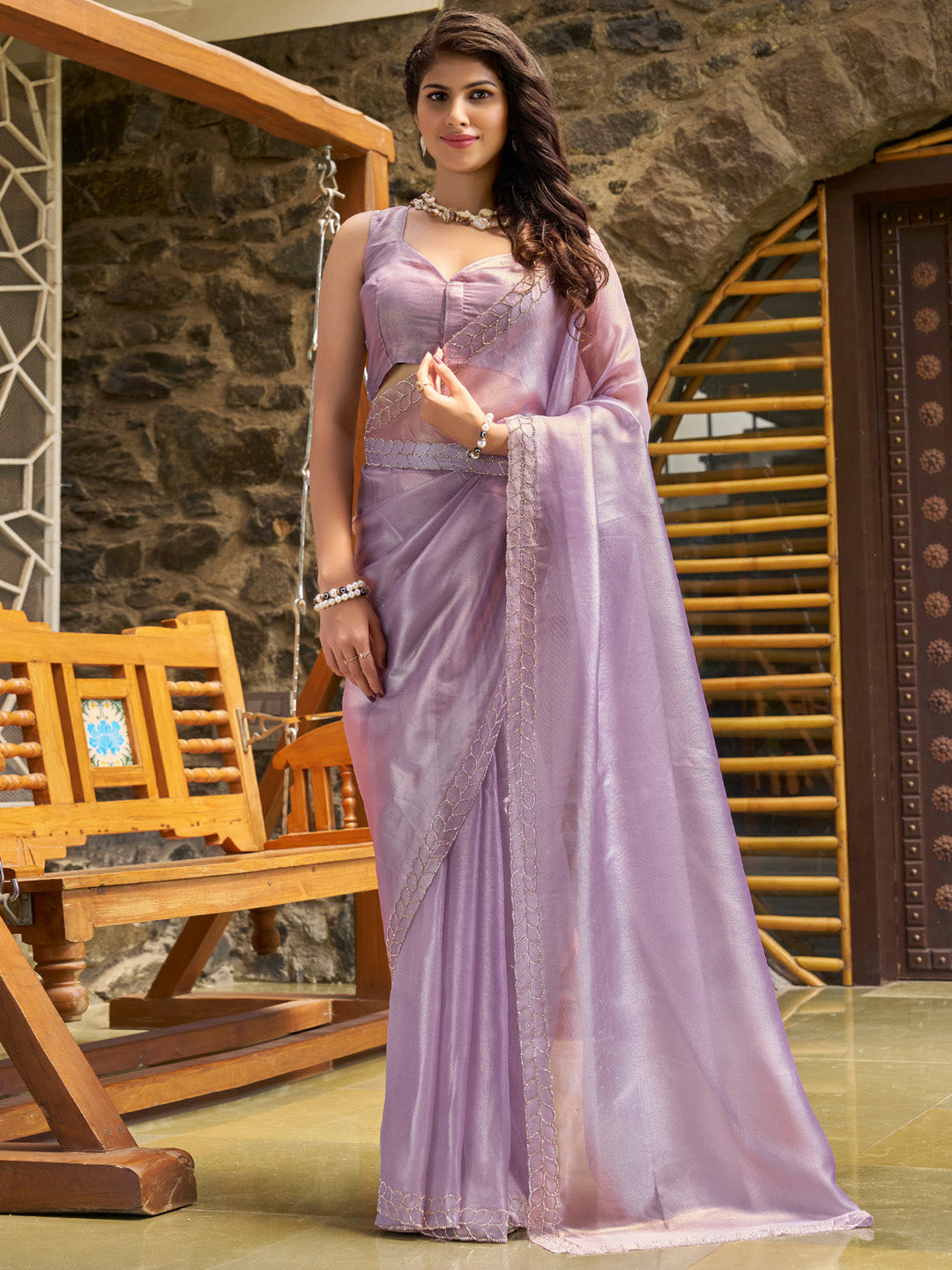 Organza Lavendar Embellished Designer Saree With Blouse