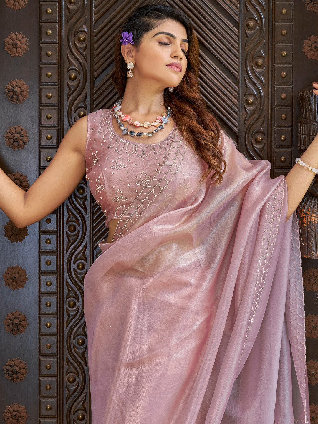 Organza Pink Embellished Designer Saree With Blouse