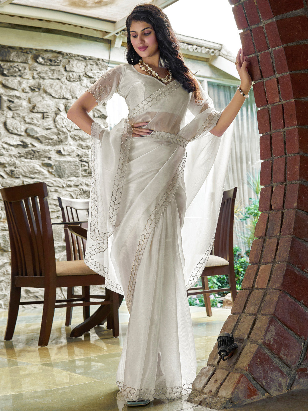 Organza Off White Embellished Designer Saree With Blouse