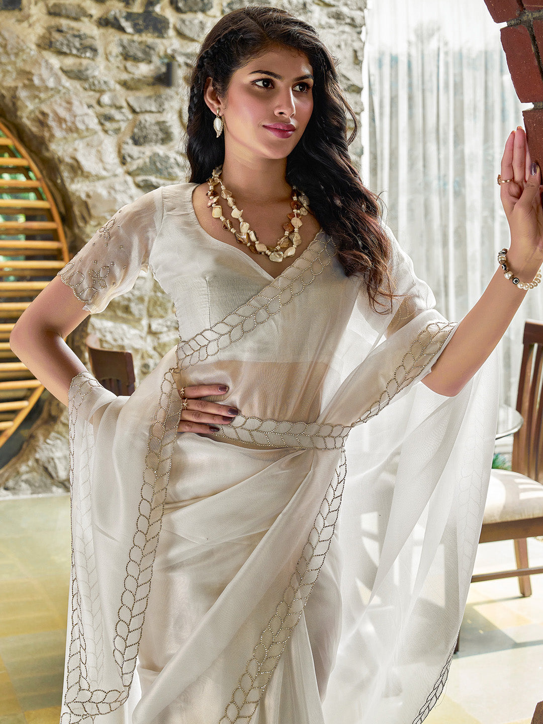 Organza Off White Embellished Designer Saree With Blouse