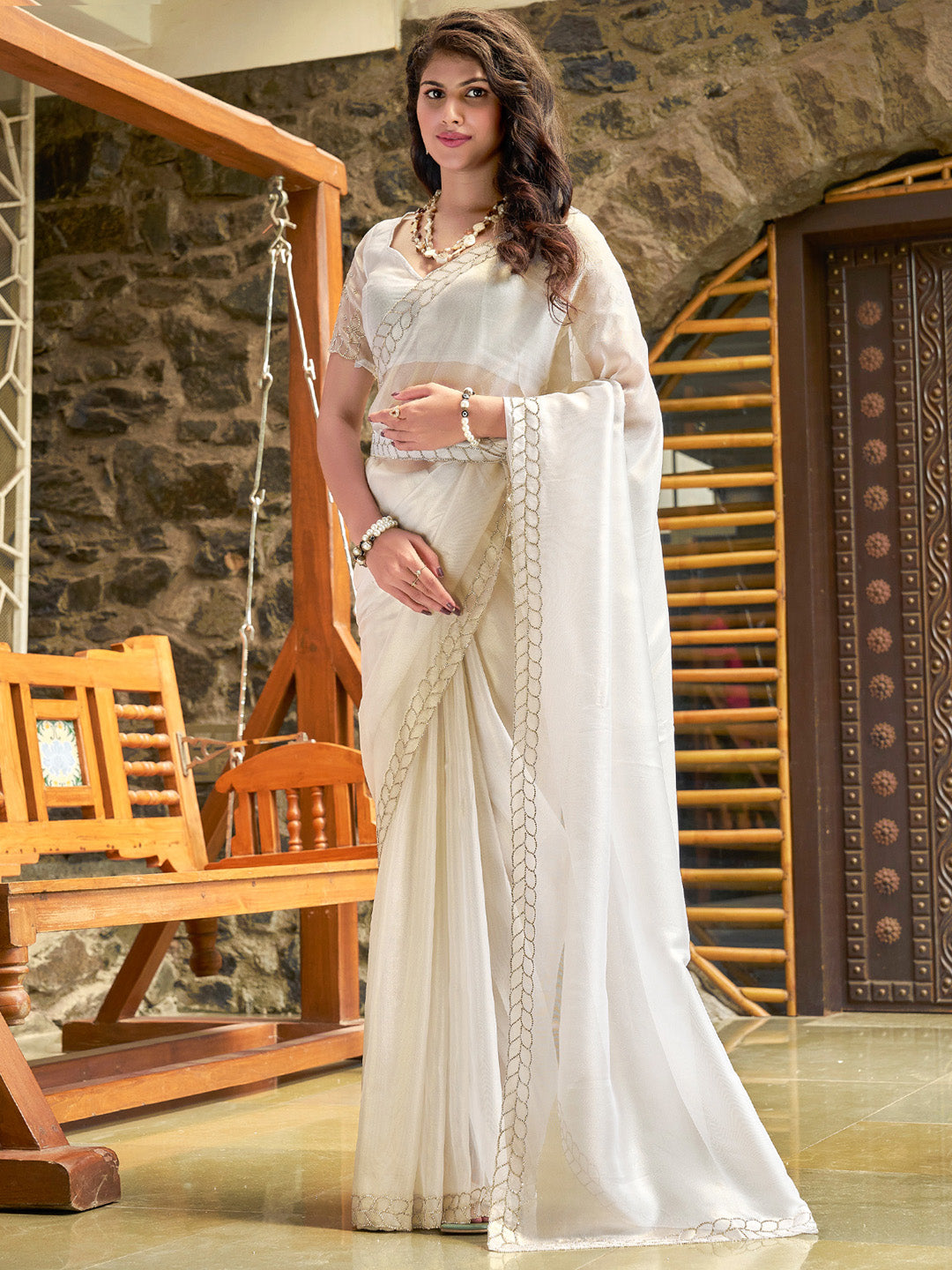 Organza Off White Embellished Designer Saree With Blouse