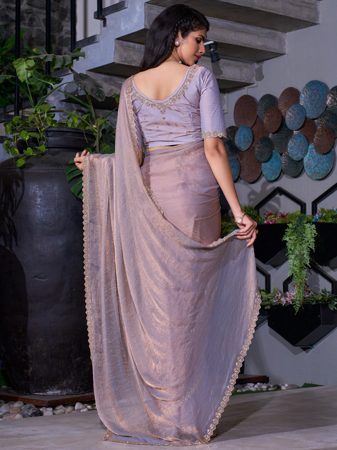 Pure Chiffon Violet Embellished Designer Saree With Blouse