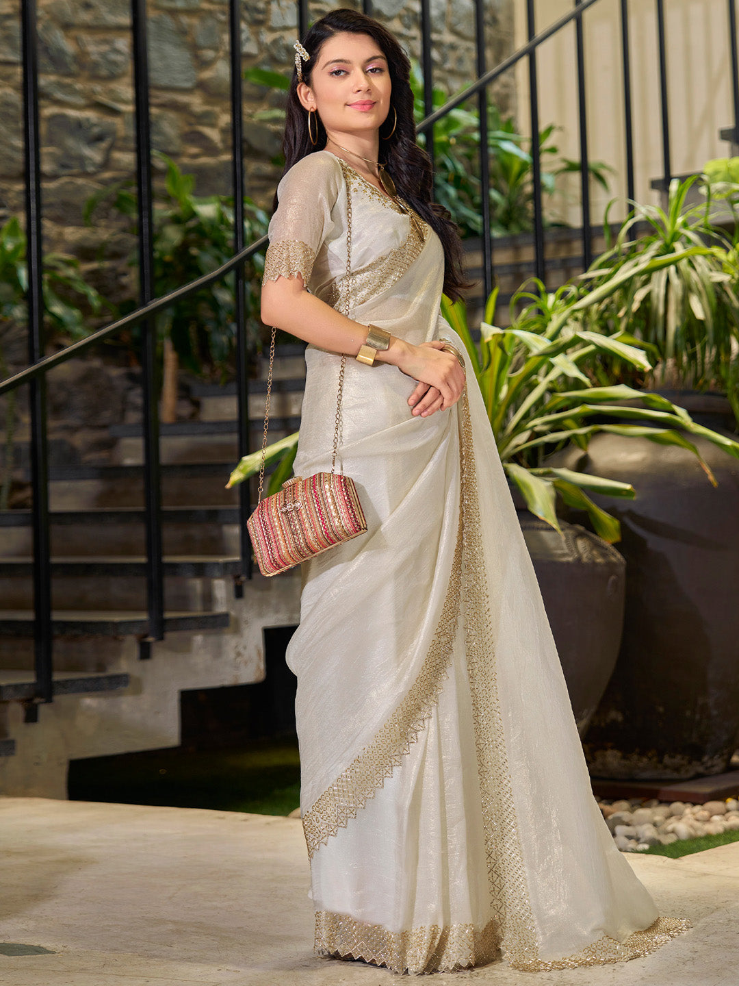 Organza Cream Embellished Designer Saree With Blouse