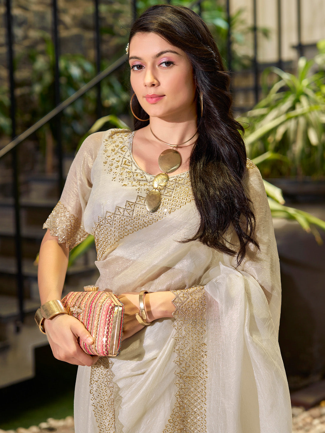 Organza Cream Embellished Designer Saree With Blouse