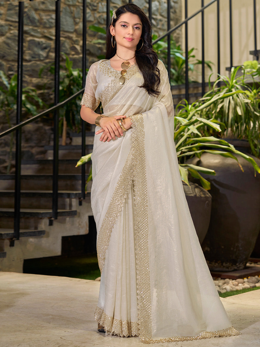 Organza Cream Embellished Designer Saree With Blouse