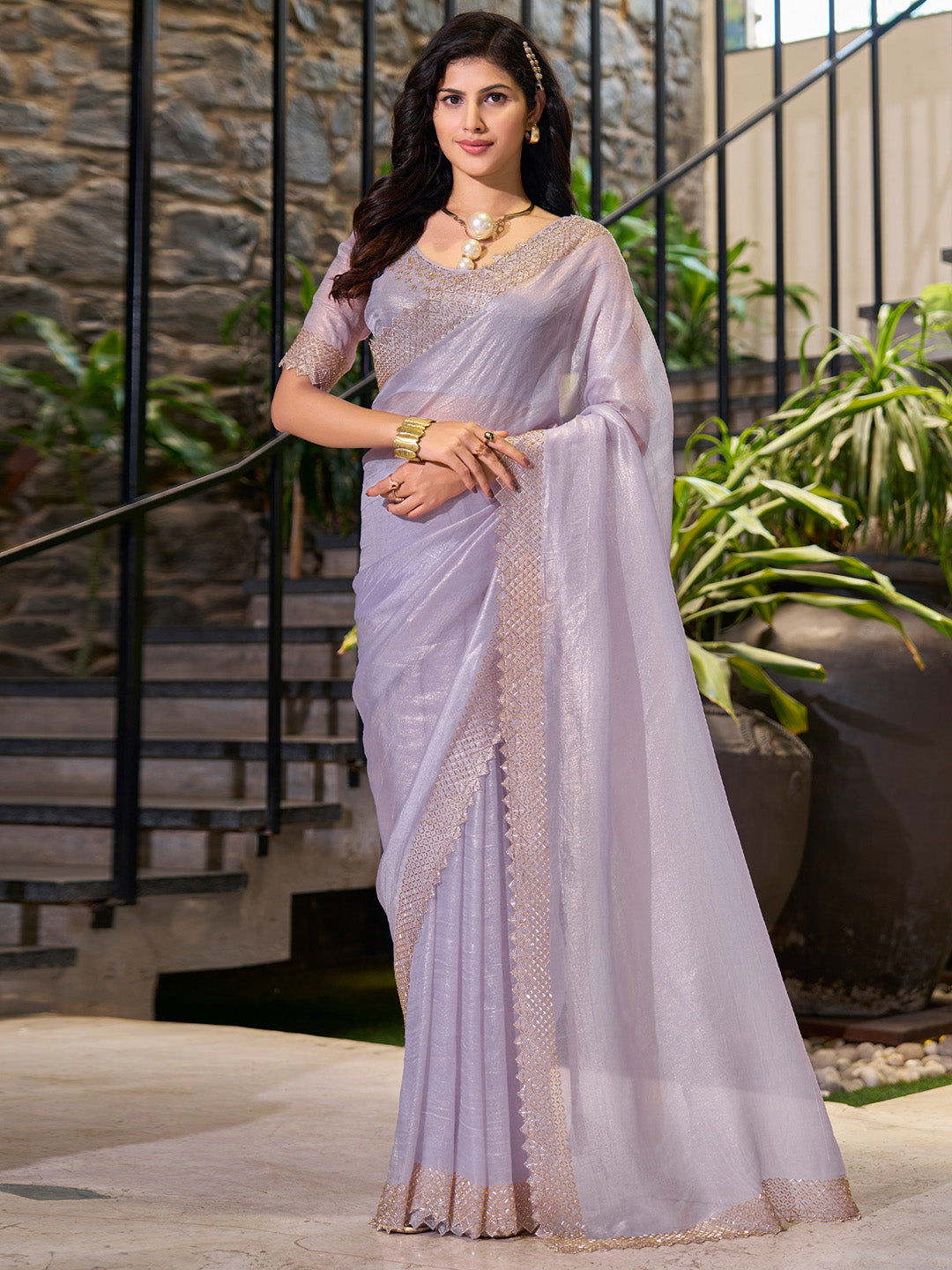 Organza Lavendar Embellished Designer Saree With Blouse