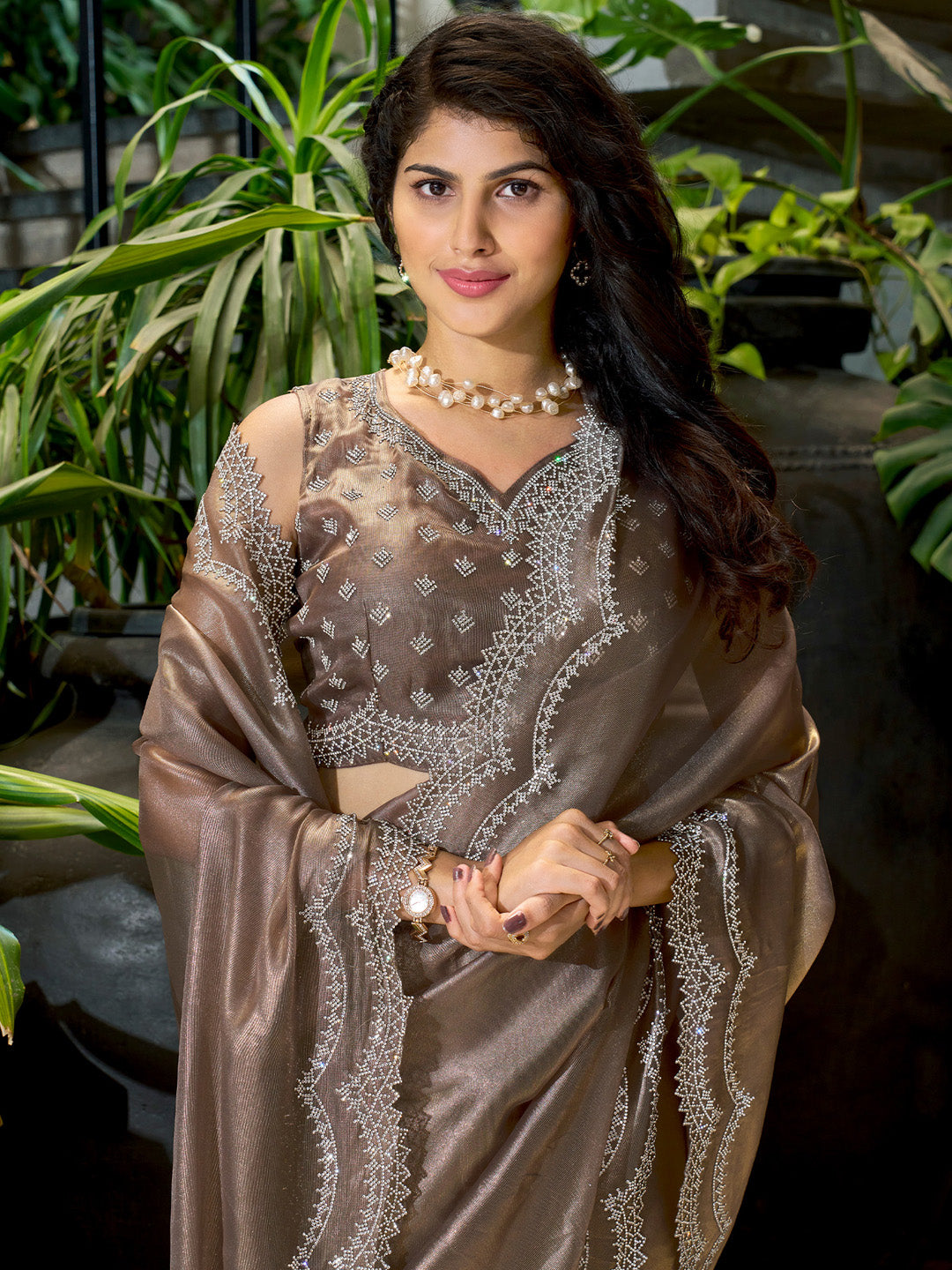 Organza Brown Embellished Designer Saree With Blouse