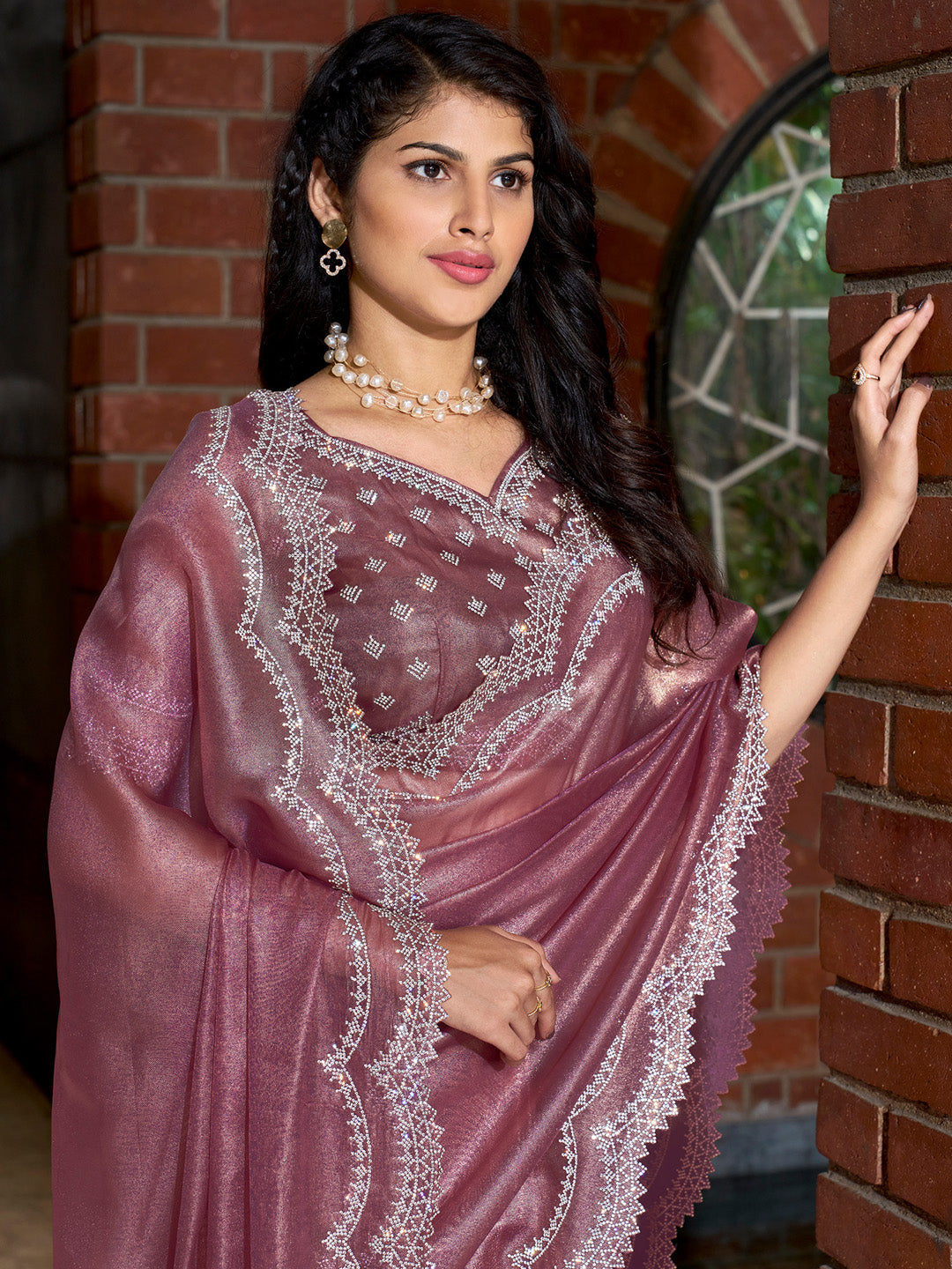 Organza Pink Embellished Designer Saree With Blouse