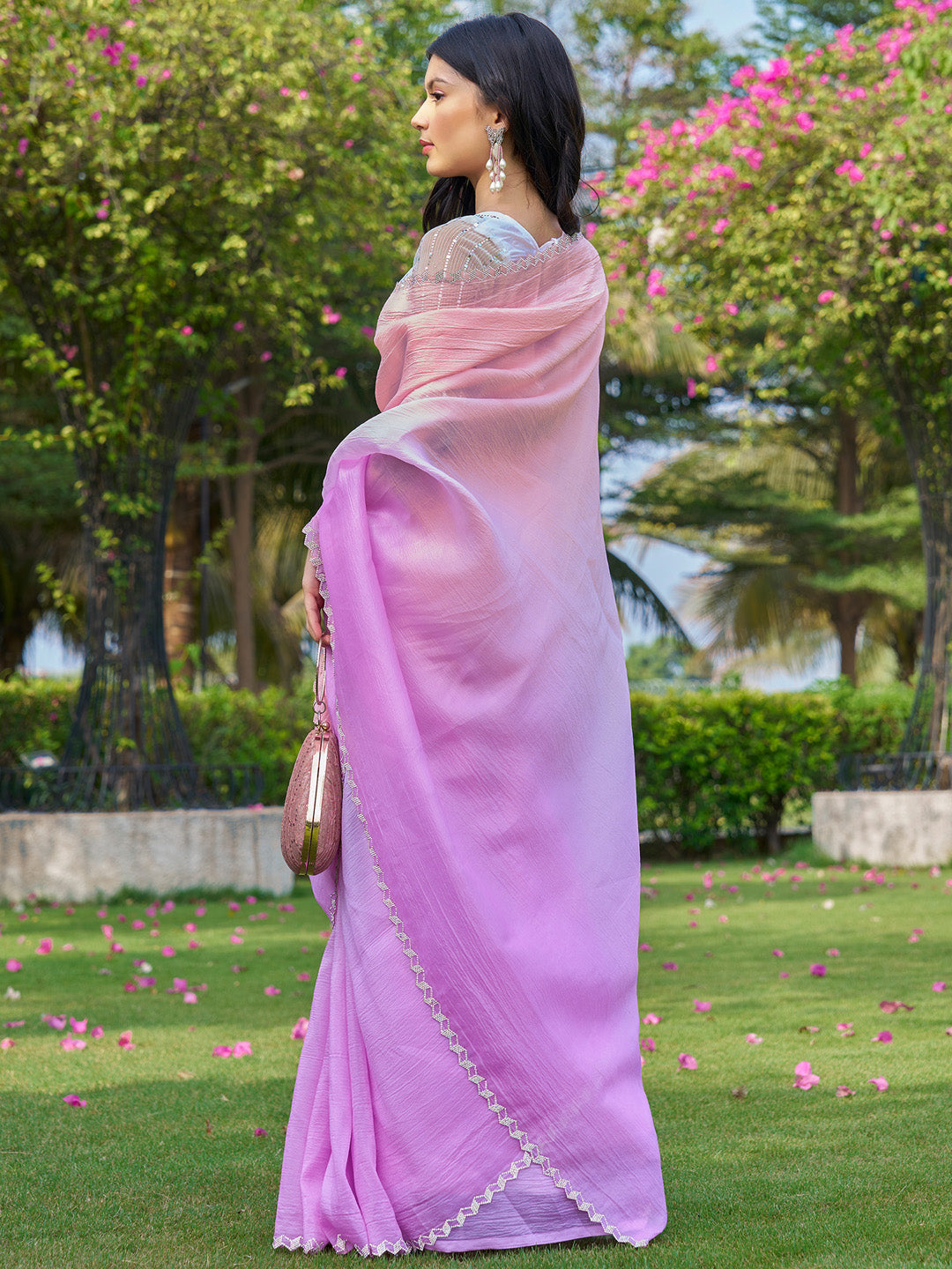 Silk Blend White Embellished Designer Saree With Blouse