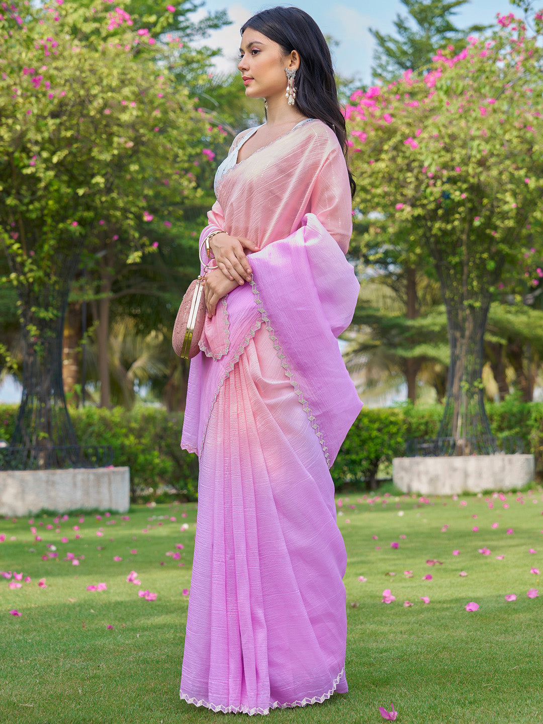 Silk Blend White Embellished Designer Saree With Blouse