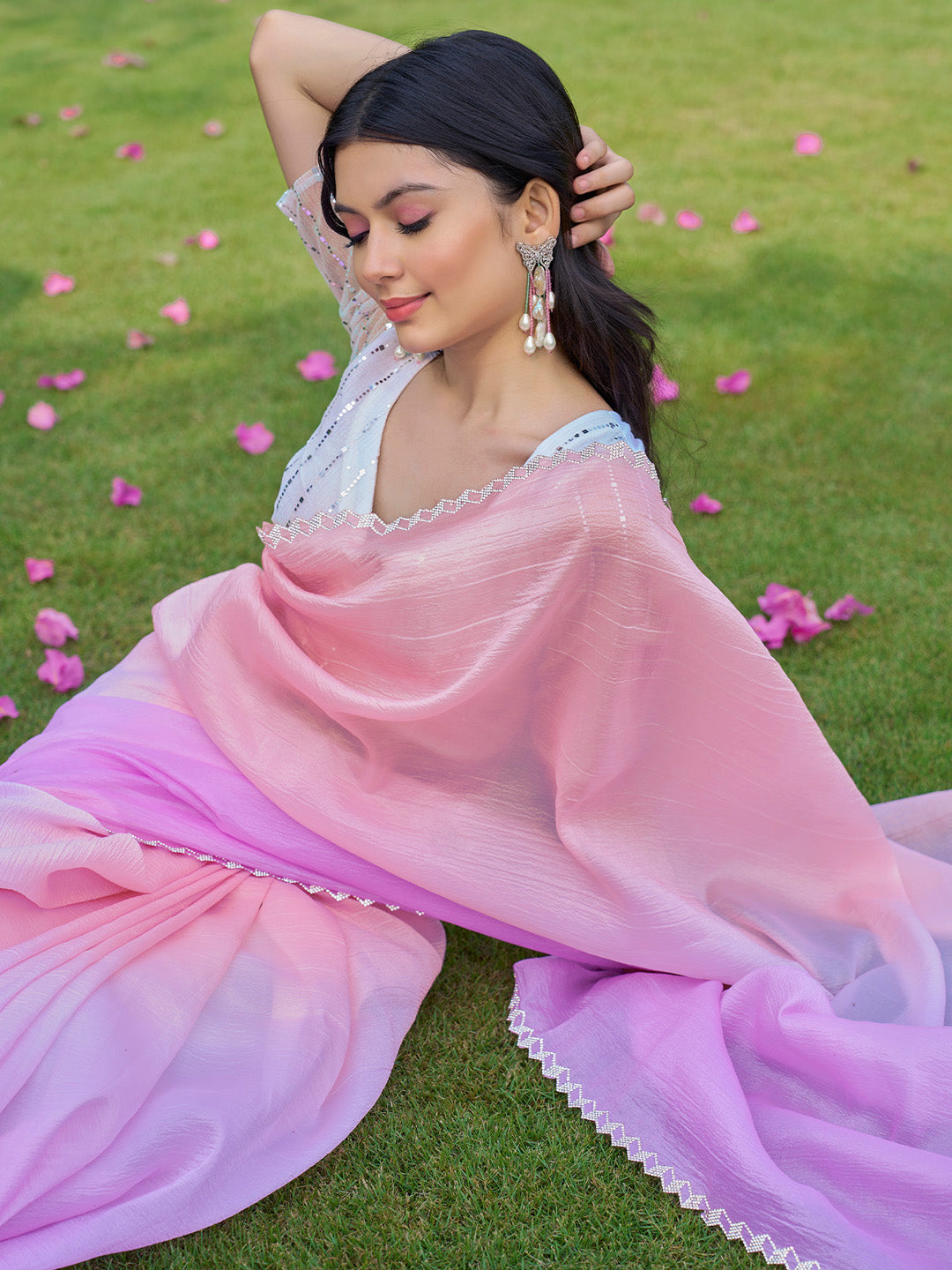 Silk Blend White Embellished Designer Saree With Blouse