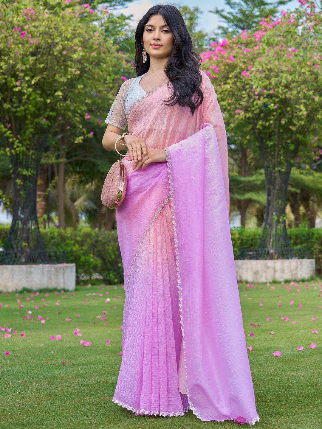 Silk Blend White Embellished Designer Saree With Blouse