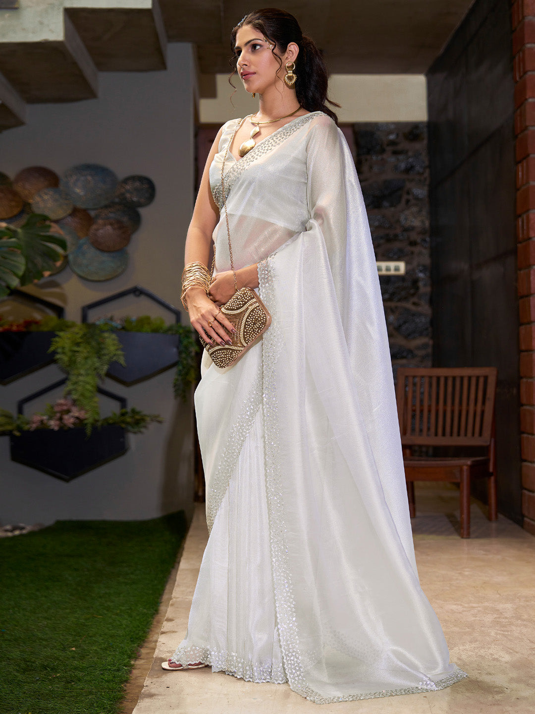 Organza Off White Embellished Designer Saree With Blouse