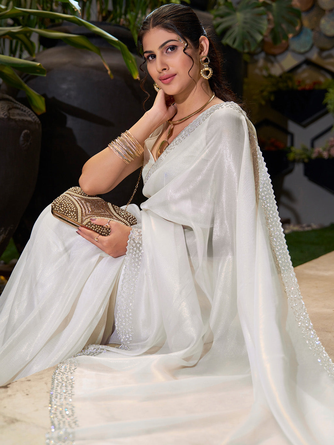 Organza Off White Embellished Designer Saree With Blouse