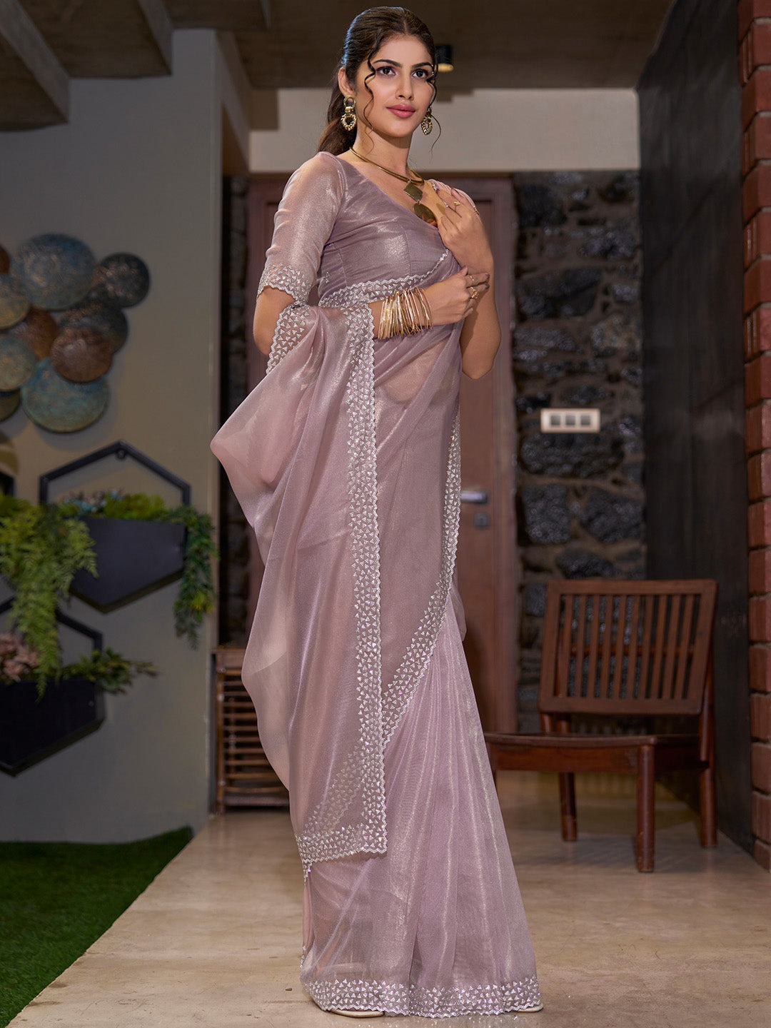 Organza Mauve Embellished Designer Saree With Blouse