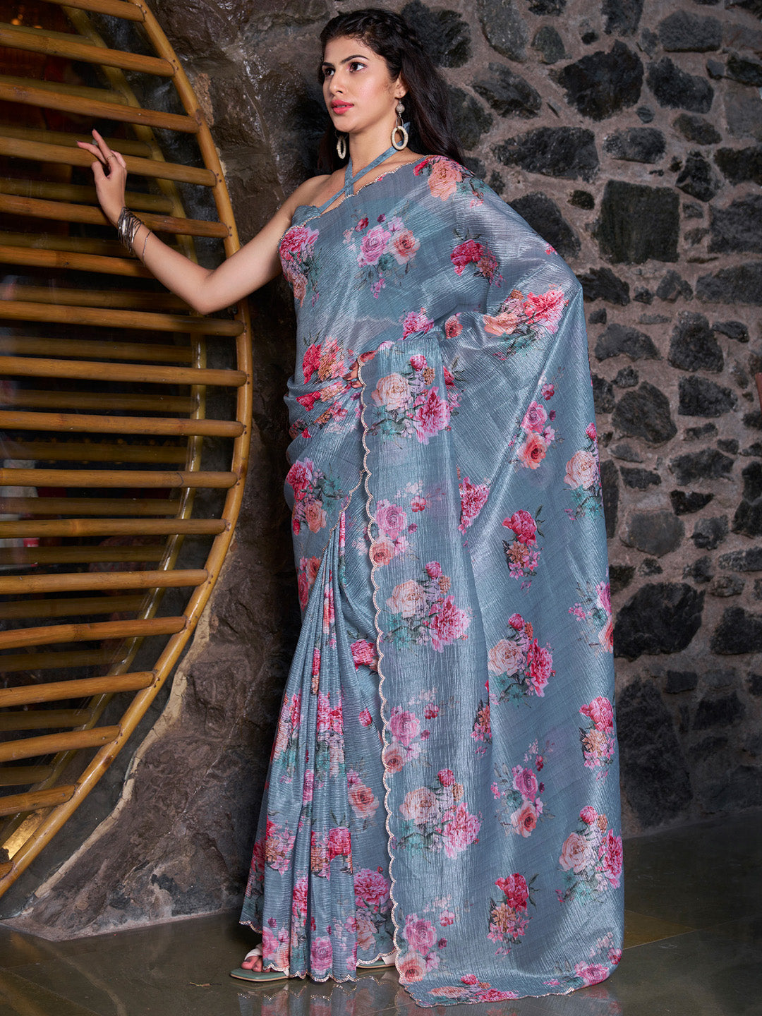 Silk Blend Blue Embellished Designer Saree With Blouse