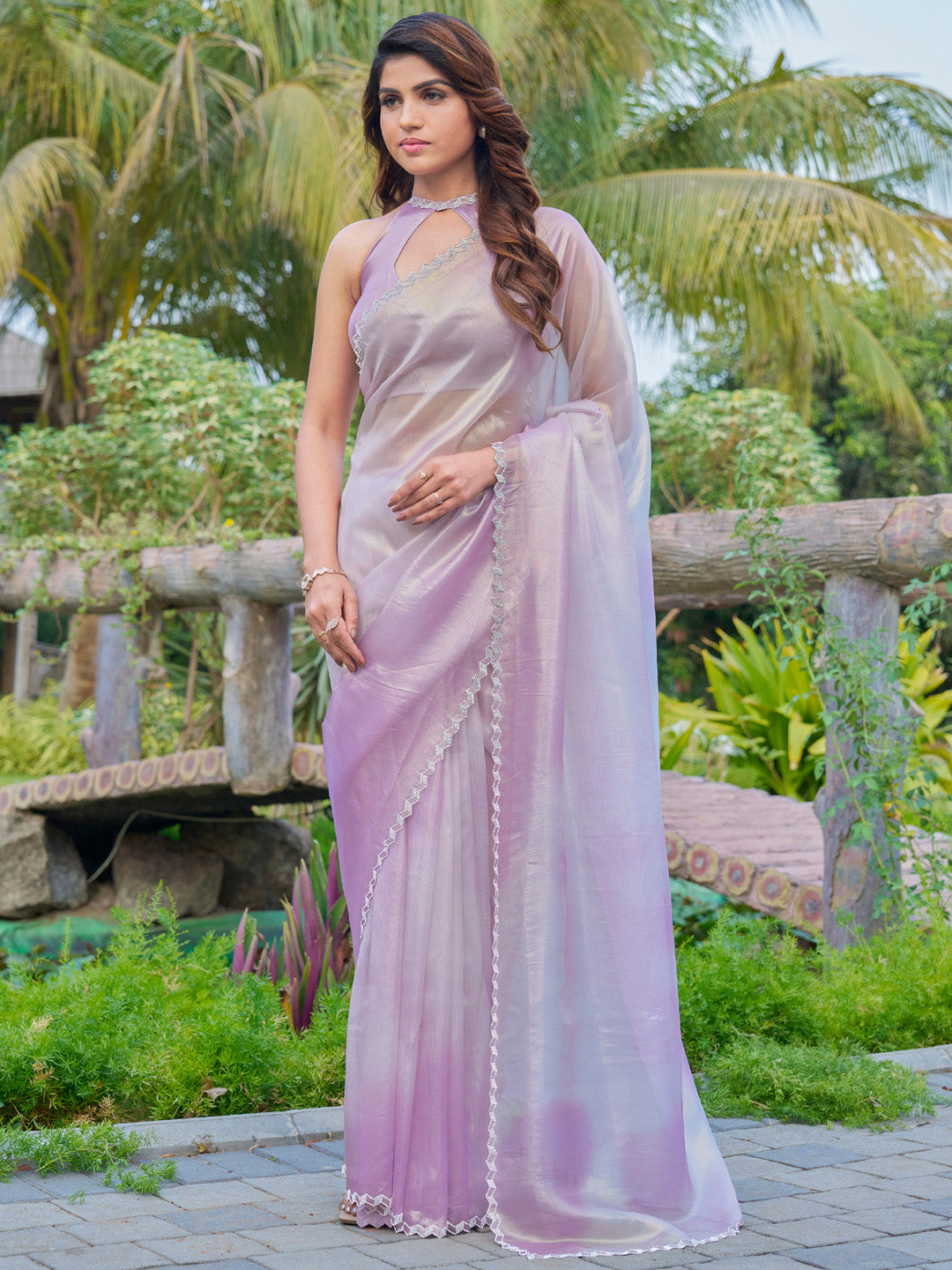 Organza Lavendar Embellished Designer Saree With Blouse