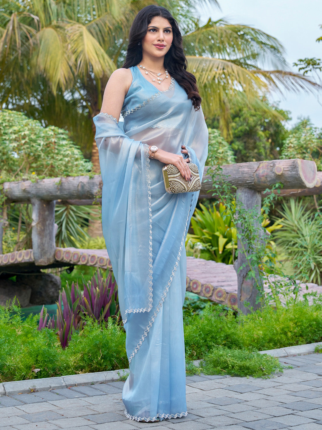 Organza Blue Embellished Designer Saree With Blouse