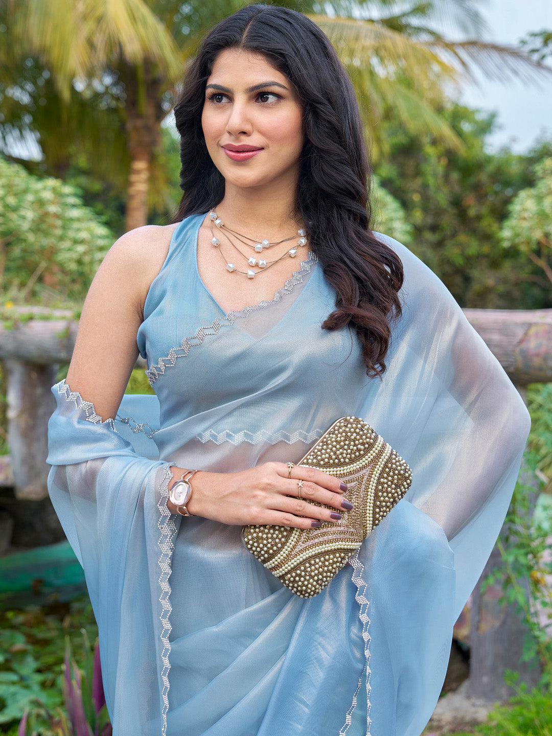 Organza Blue Embellished Designer Saree With Blouse