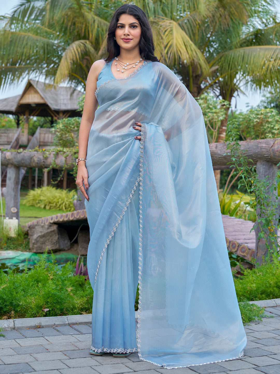 Organza Blue Embellished Designer Saree With Blouse