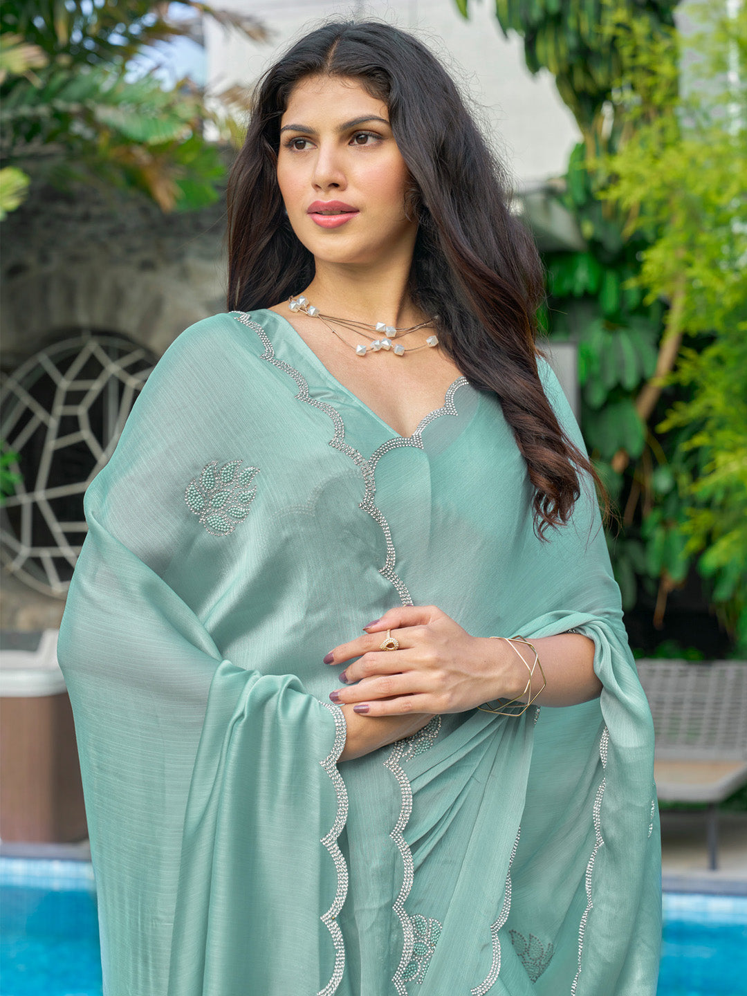 Pure Chiffon Light Blue Embellished Designer Saree With Blouse