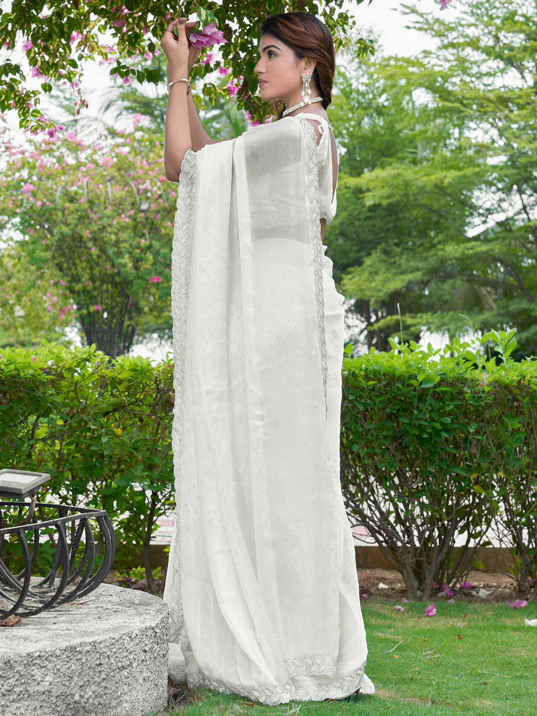 Pure Chiffon Off White Embellished Designer Saree With Blouse