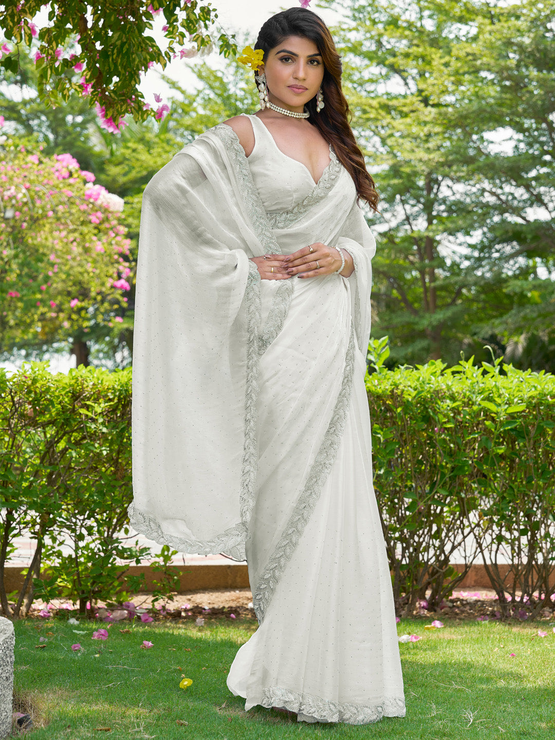 Pure Chiffon Off White Embellished Designer Saree With Blouse