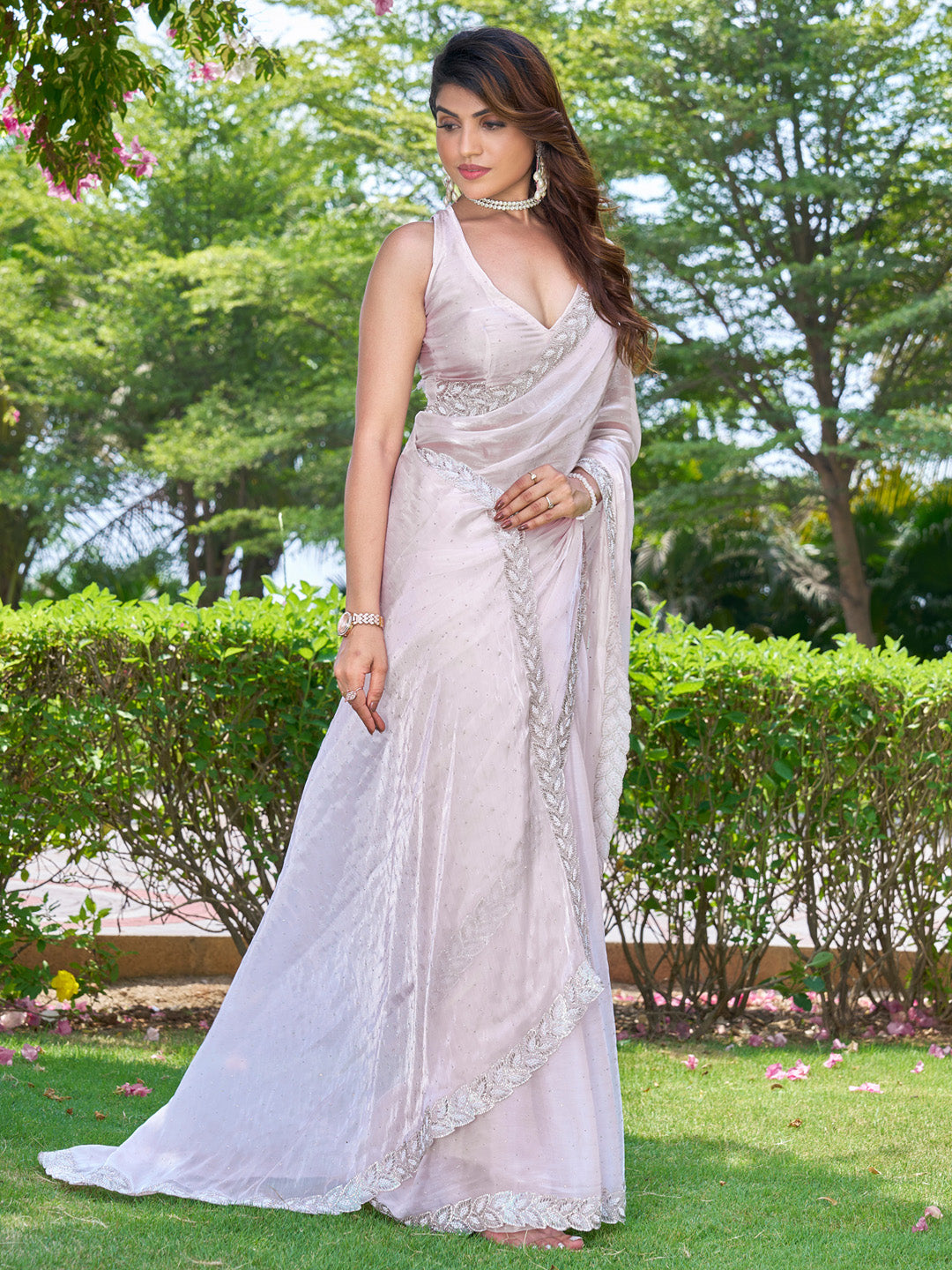 Pure Chiffon Pink Embellished Designer Saree With Blouse