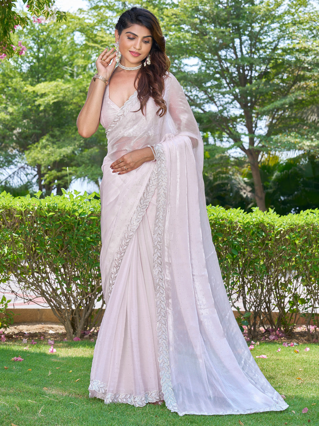 Pure Chiffon Pink Embellished Designer Saree With Blouse