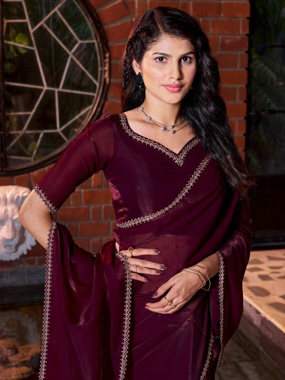 Satin Silk Magenta Embellished Designer Saree With Blouse