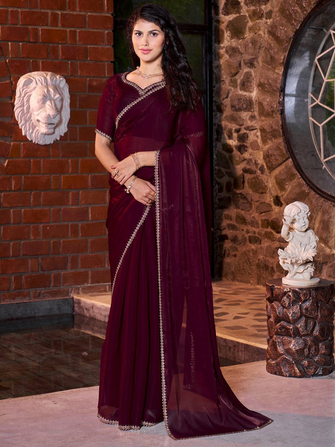 Satin Silk Magenta Embellished Designer Saree With Blouse