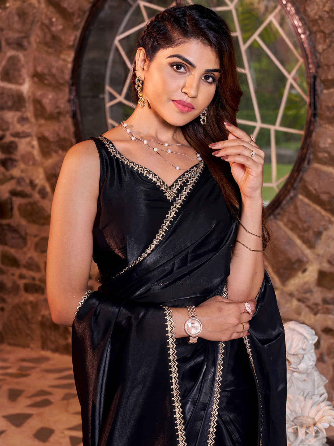 Satin Silk Black Embellished Designer Saree With Blouse