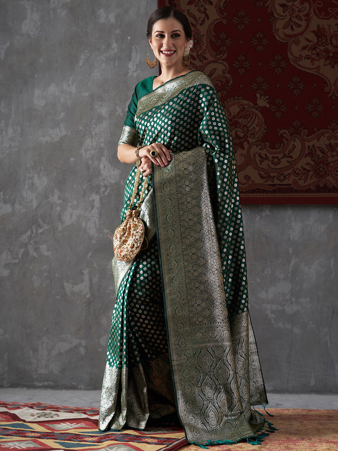 Silk Blend Green Woven Design Designer Saree With Blouse