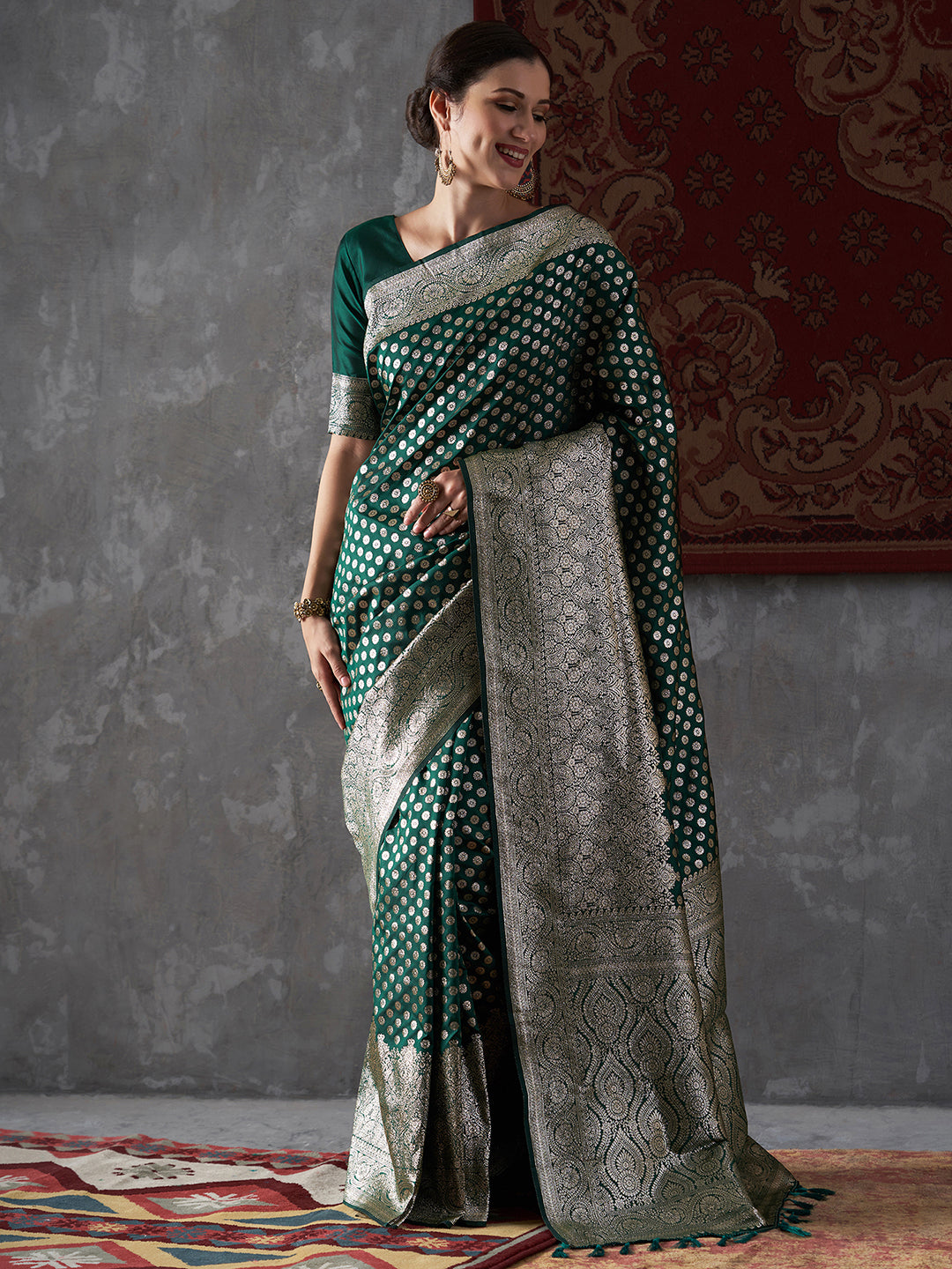 Silk Blend Green Woven Design Designer Saree With Blouse