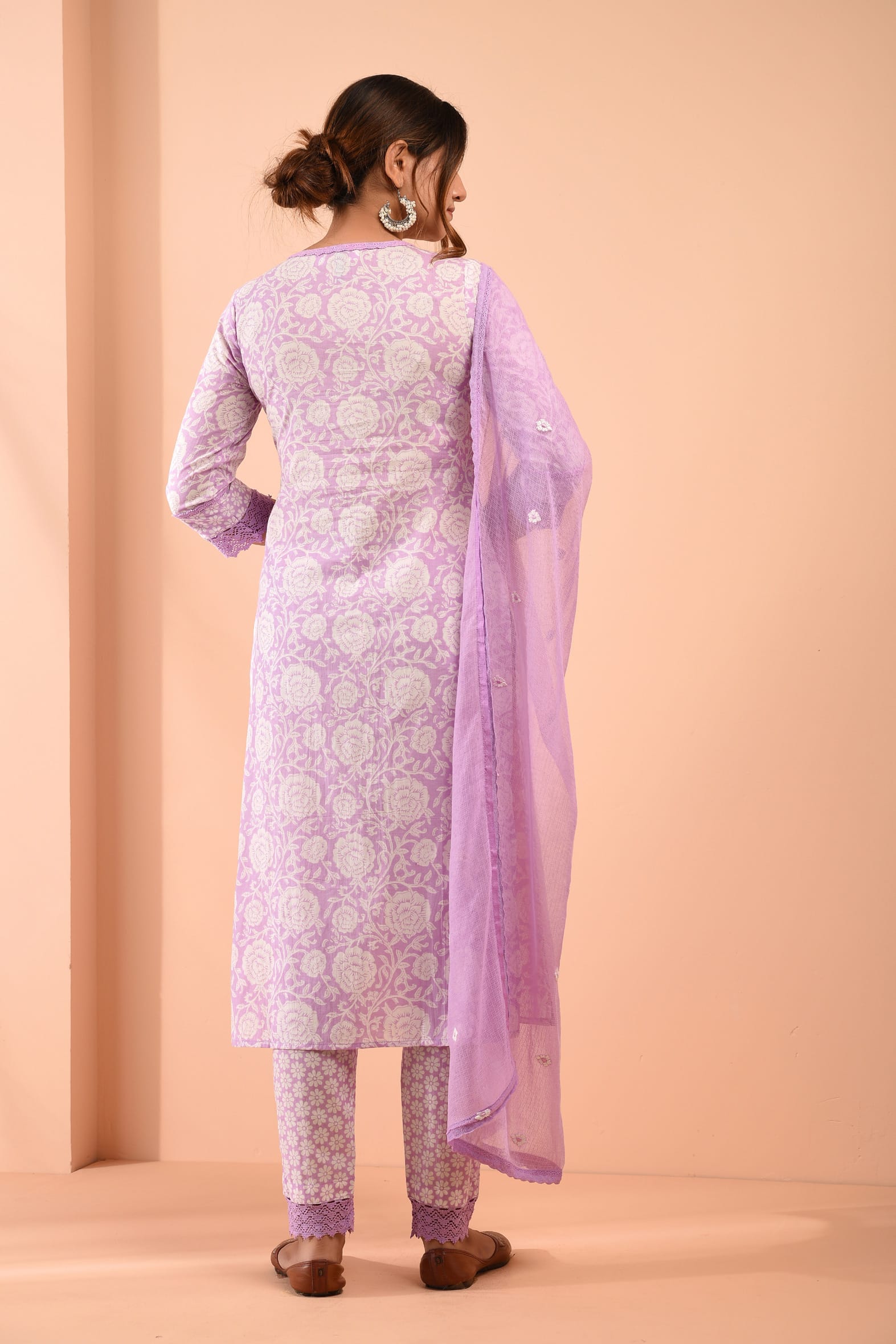 Block Printed White Purple Cotton Suit with Embroidered Kota Doriya Dupatta