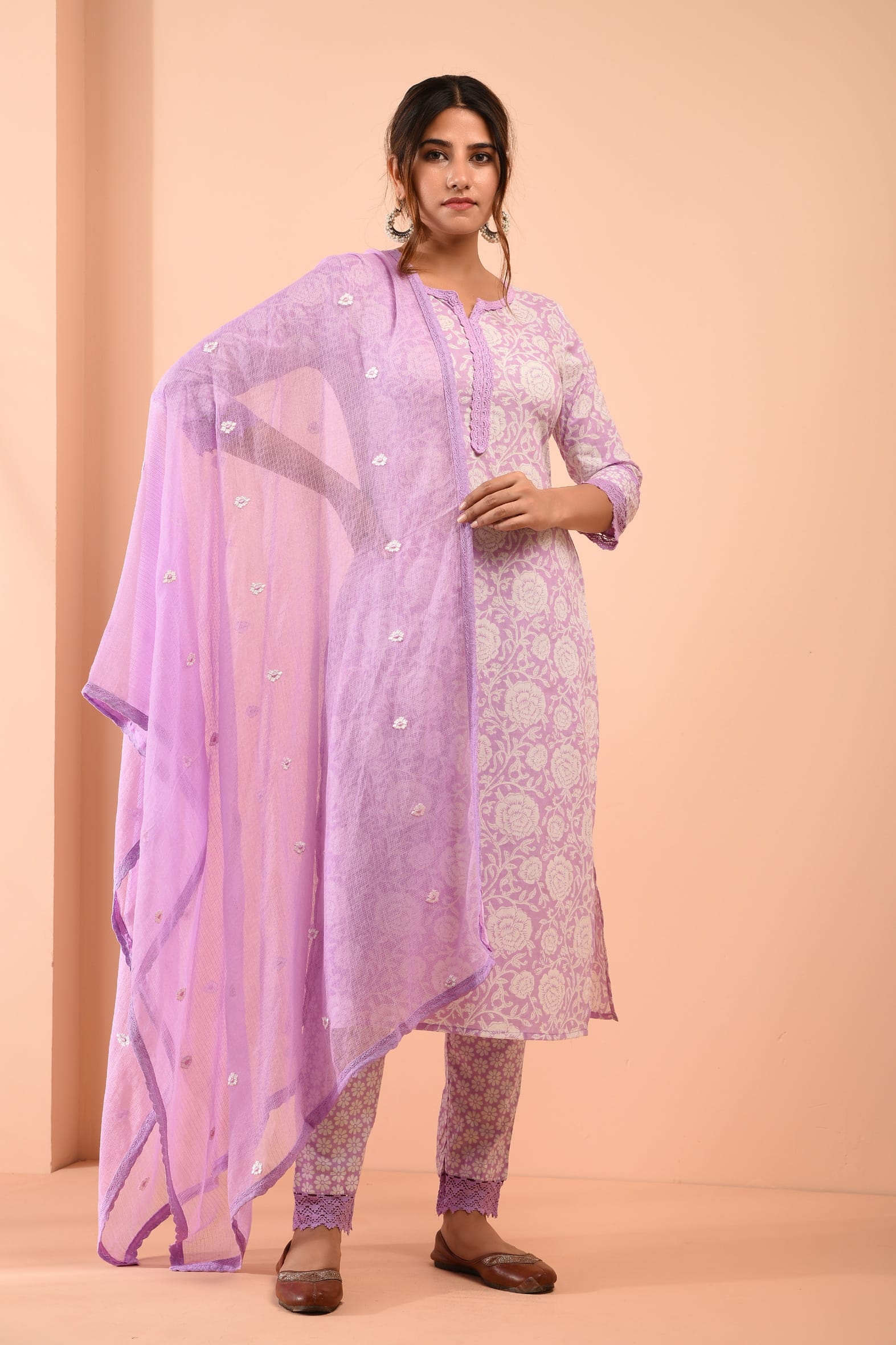 Block Printed White Purple Cotton Suit with Embroidered Kota Doriya Dupatta